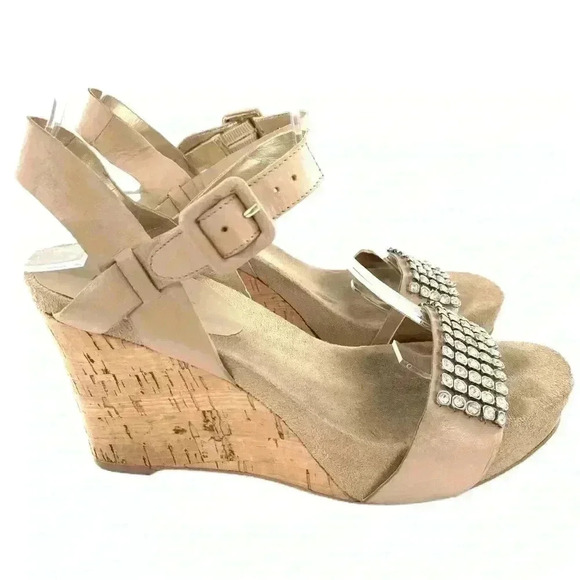 Nine West womens heels size 6.5 SusantJ taupe leather gem platform wedges - Picture 13 of 13